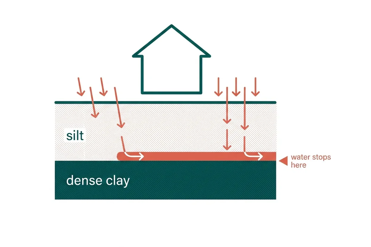 Diagram: rainwater soaking into silty topsoil and perching on a dense clay layer below