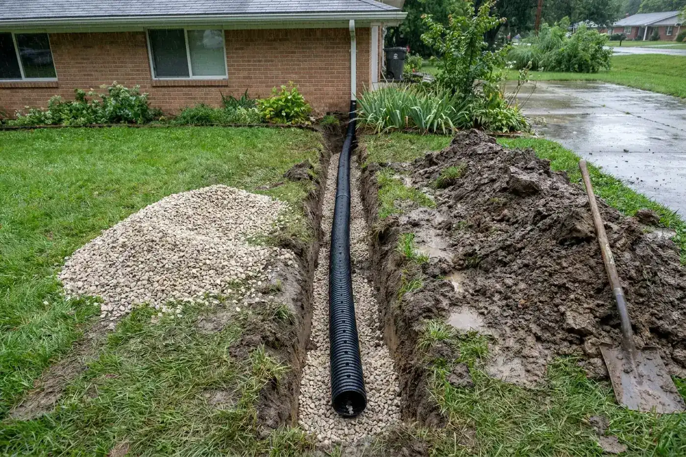 Trench cut for a perforated subsurface drain line alongside an Acadiana house