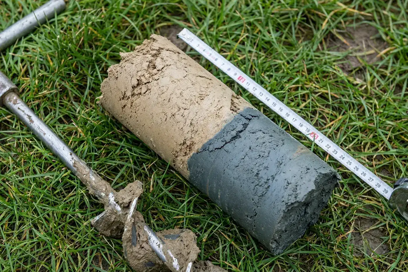 Hand auger core showing pale silt over dense grey clay from a Lafayette yard